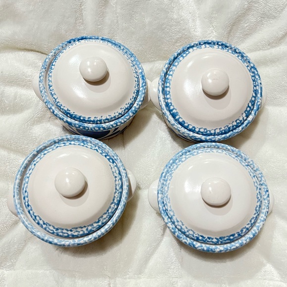 Corelle Jay Import Blue Hearts Spongeware crocks 4 bowls with lid - Picture 2 of 12